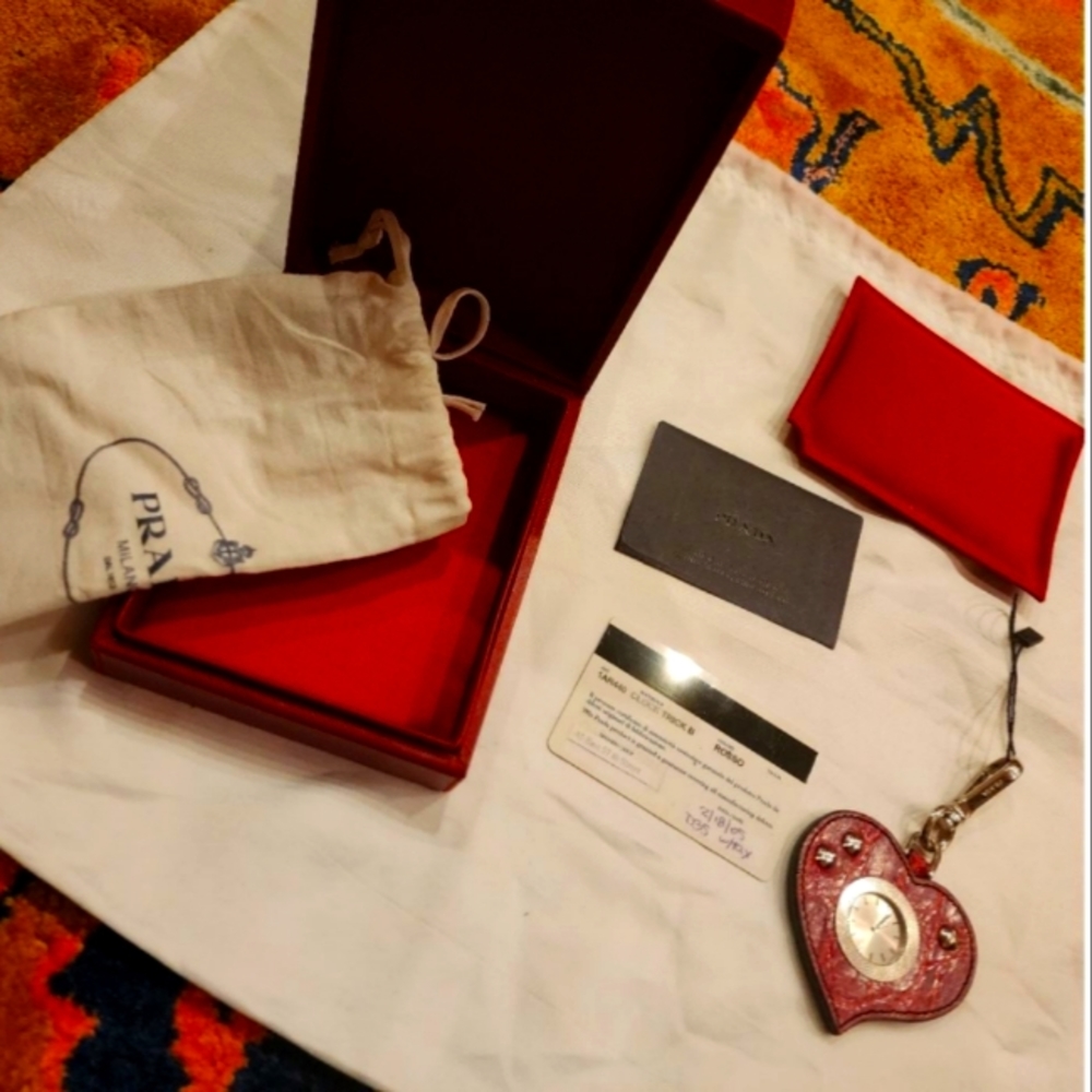 Rare 1 of A Kind Prada Leather Clock Heart Bag Charm Key Chain